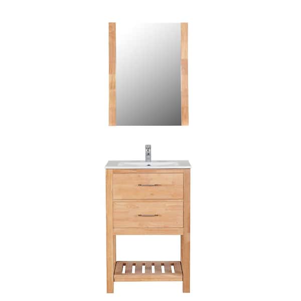 Unbranded Santa Monica 24 in. W x 18 in. D Bath Vanity in Natural Wood w/Ceramic Vanity Top in White with White Basin and Mirror