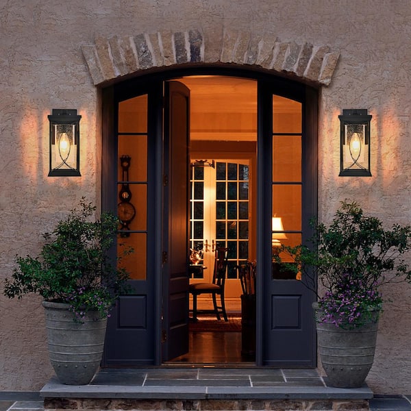 14 in. 1-Light Black Outdoor Weather Resistant Aluminum Wall Light Lantern Sconce with Crackled Glass, No Bulb Included