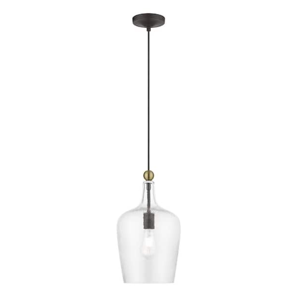 AVIANCE LIGHTING Brenford 1-Light Bronze Single Pendant with Antique Brass Accent and Clear Water Glass Shade