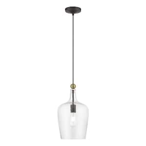 Avery 1-Light Bronze Single Pendant with Antique Brass Accent and Clear Water Glass Shade