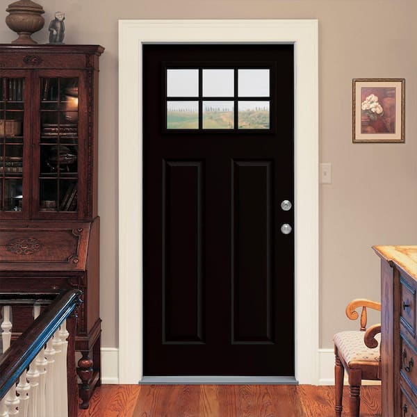 JELD-WEN - 32 in. x 80 in. 6 Lite Craftsman Black Painted Steel Prehung Left-Hand Outswing Front Door w/Brickmould