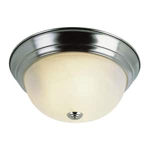 Browns 11 in. 2-Light Brushed Nickel Flush Mount Ceiling Light Fixture with White Marbleized Glass Shade