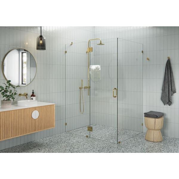 52 in. W x 40 in. D x 78 in. H Pivot Frameless Corner Shower Enclosure in Polished Brass Finish with Clear Glass