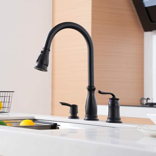 1.8 GPM 3-Spray Patterns Single Handle No Sensor Pull Down Sprayer Kitchen Faucet with Soap Dispenser in Matte Black