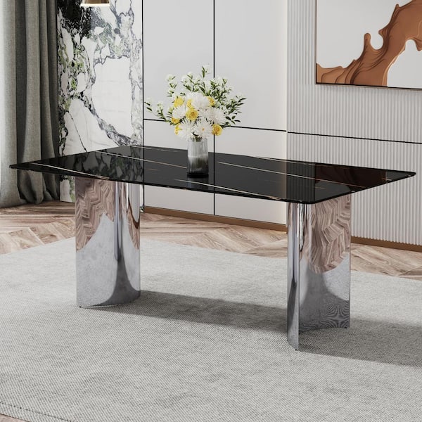 Polibi Black/Sliver Imitation Marble Glass Sticker Top 71 in. Double Pedestal Dining Table Seats for 6