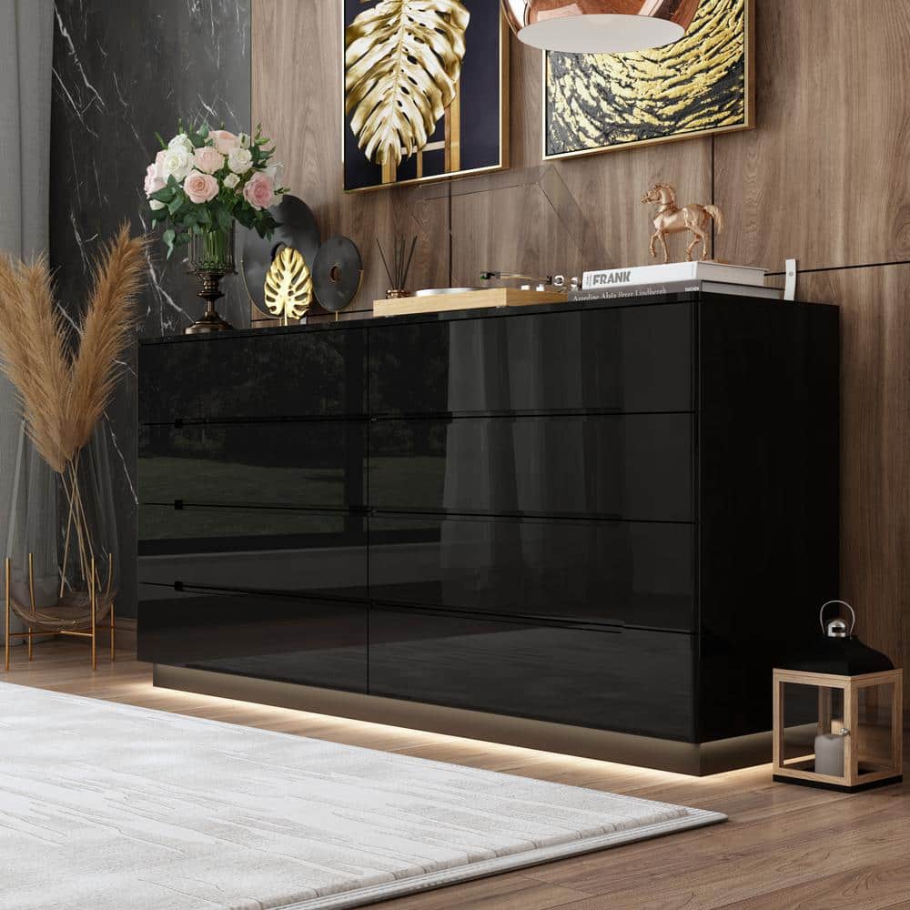 shiny black dresser Kingdely 8-Drawer 63 in. W Wood Double Chest of Drawers Bedroom Storage Organizer in With High Gloss and LED Lights KF020326-02 Size:10-11Y (32) Navy Dress With Black inspired details global-season_l1-PF26
