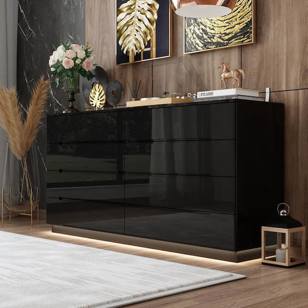 black glitter dresser Kingdely 8-Drawer 63 in. W Wood Double Chest of Drawers Bedroom Storage Organizer in With High Gloss and LED Lights KF020326-02 ss26