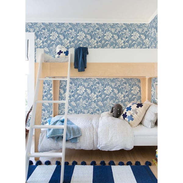 Plumeria Blue Floral Trail Matte Paper Pre-Pasted Wallpaper