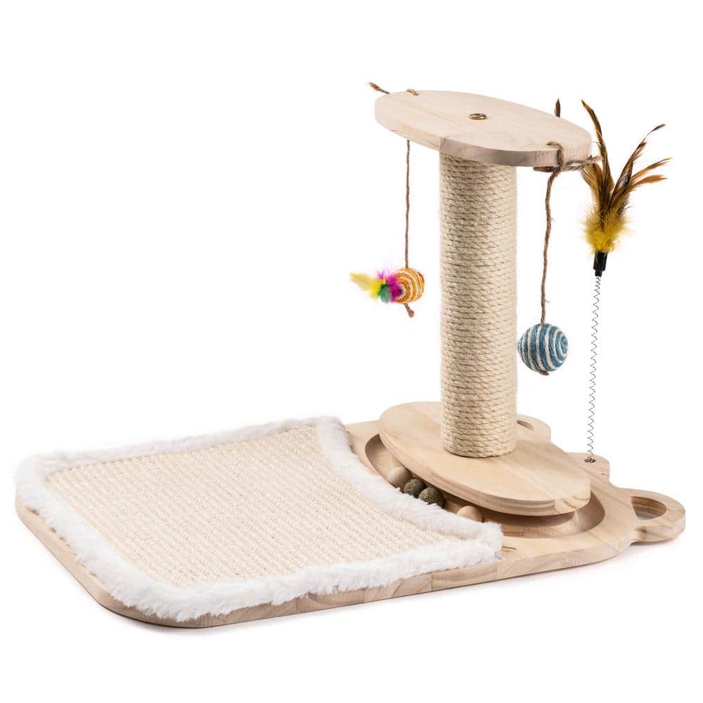 Kahomvis 21.4 in. x 14.3 in. Wood Cat Ball Toy with Cat Scratching Post and 5 Interactive Balls AWS-LKW9-3774