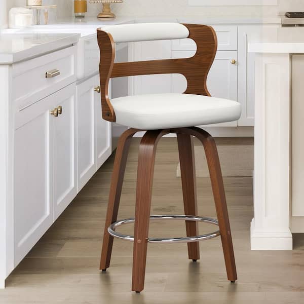 26 in. White Faux Leather and Walnut Wood Mid-Century Modern Swivel Counter Height Bar Stool (Set of 1)