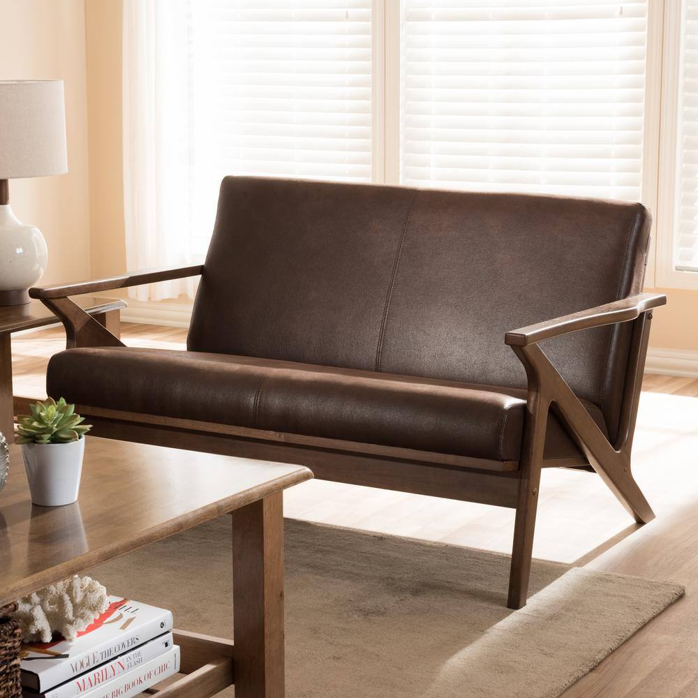 Walnut Wood Dark Brown Faux Leather Tufted Loveseat with Track Arms