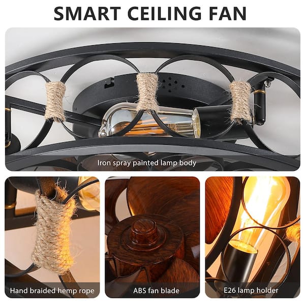 Black 19.7 in. indoor Flush Mount Caged Ceiling Fan with Lights, Farmhouse Rustic Low Profile Ceiling Fans
