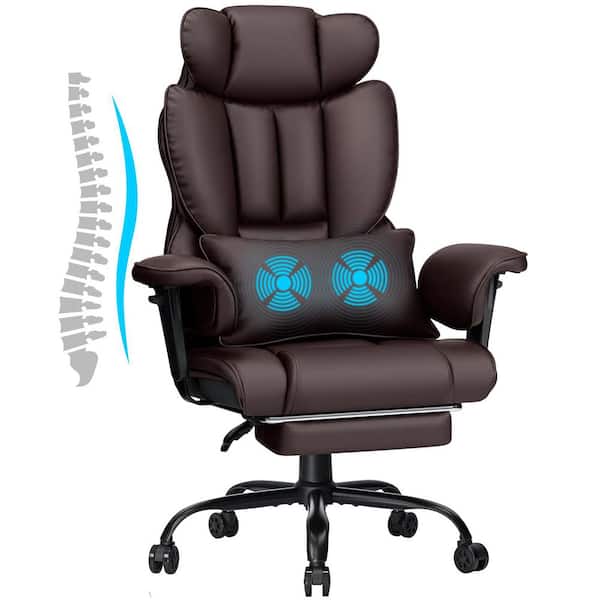 Hoffree Faux Leather Reclining Ergonomic Executive Chair in Brown with Massage Lumbar Pillow and Adjustable Arms