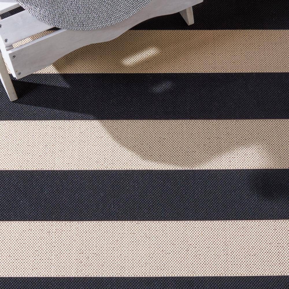 Beige and Black Striped Synthetic Rectangular Area Rug