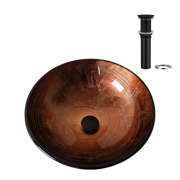 16-1/2 in. Veined Brown Glass Round Vessel Bathroom Sink with Black Pop-up Drain