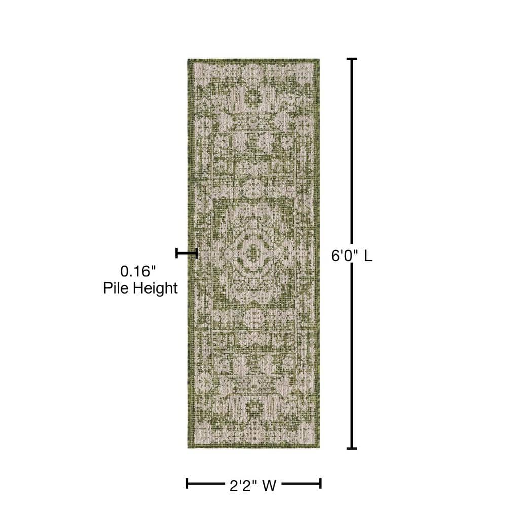Green and Ivory Flat Woven Outdoor Runner Rug