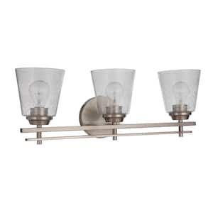 Drake 24 in. 3-Light Brushed Polished Nickel Finish Vanity Light with Seeded Glass
