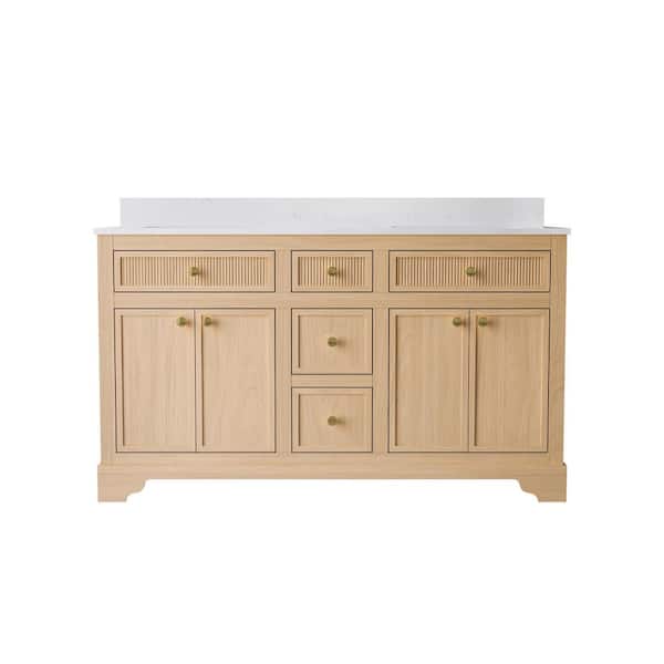 60 in. W Assembled Solid Wood Bathroom Vanity in Distressed Oak Flip Drawer Carrara White Quartz Top Double Sink