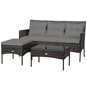 3-Piece Patio Rattan Sectional Conversation Furniture Set with Gray Cushions