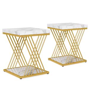 Kerlin 19.7 in. 2 PCS White & Gold Square Faux Marble Side Table End Side Table with Storage for Couch, Sofa, 2-Tier