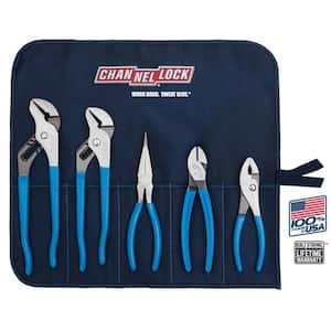 Tongue and Groove, Curved Diagonal Cutter, Long Nose and Crimper/Cutter Plier Set with Tool Roll (5-Piece)