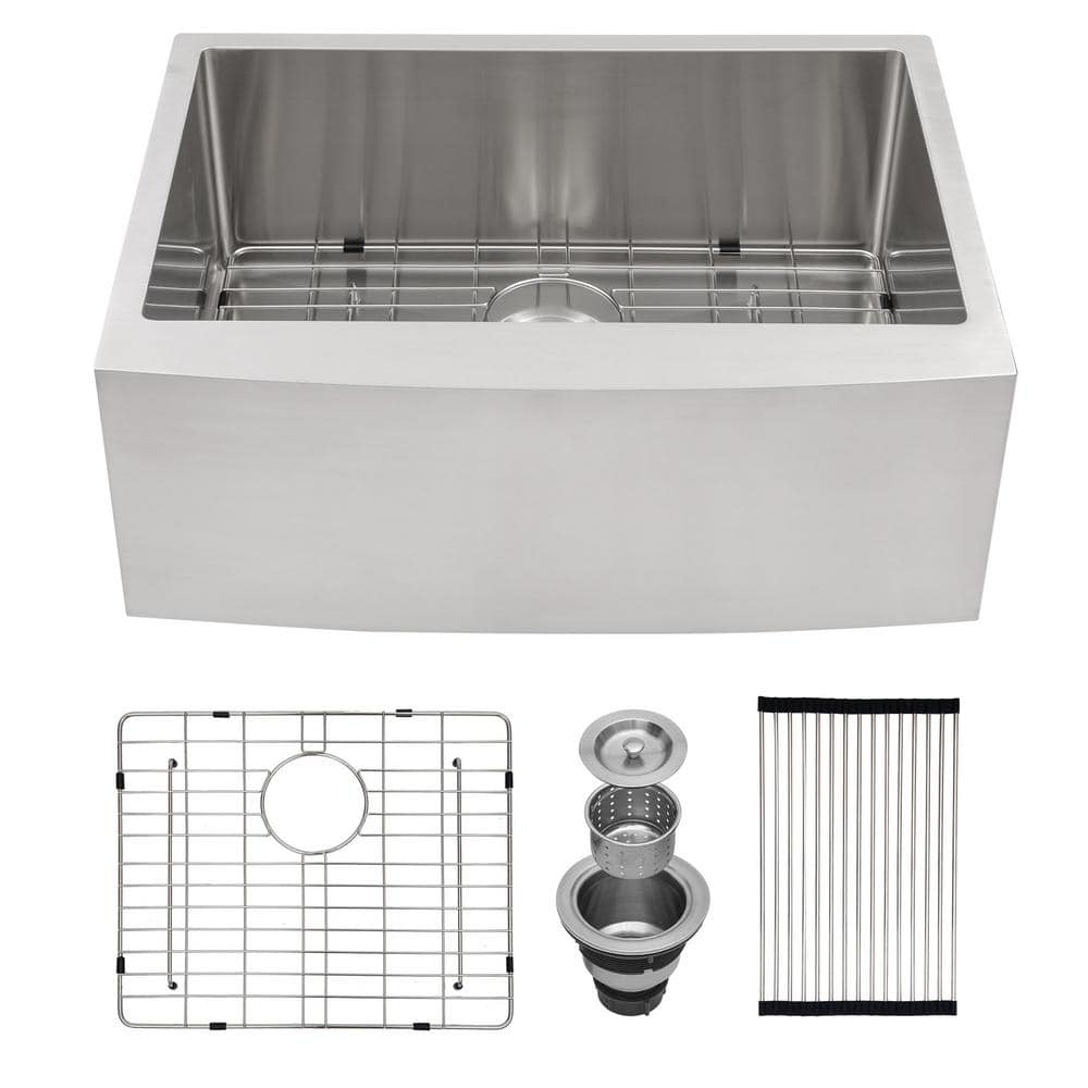27 in. Farmhouse/Apron-Front Single Bowl 16-Gauge Silver Stainless Steel Ki