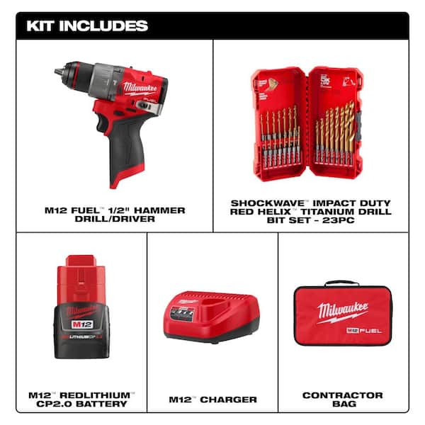 M12 FUEL 12-Volt Li-Ion Brushless Cordless 1/2 in. Hammer Drill Kit w CP 2.0Ah Battery, Charger & Twist Bit Set (23-Pc)