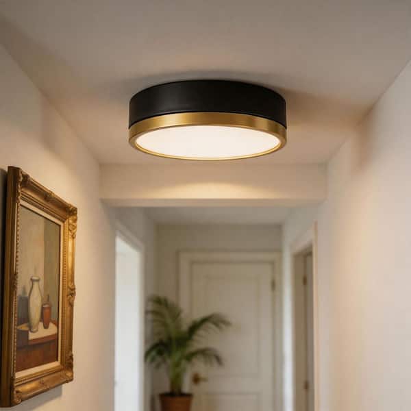 12 in. 1-Light Drum Matte Black Gold LED Flush Mount Ceiling Light with Acrylic Shade, Remote Control 24W 3000K-5000K