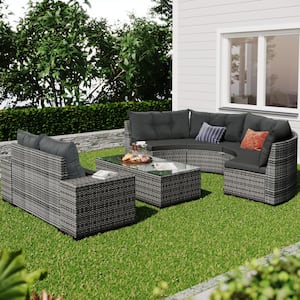 8-Piece PE Wicker Outdoor Half-Moon Sectional Set Curved Sofa Set Conversation Set with Gray Cushions