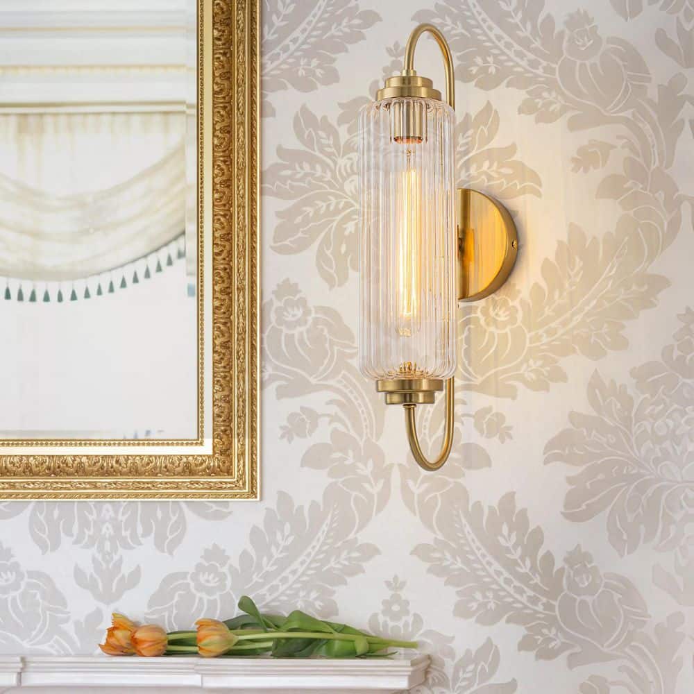 18 in. 1-Light Gold Wall Sconce with Ripple Glass Shade price history on PriceWatchPro