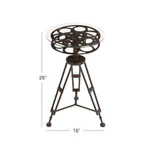 15 in. Black Film Reel Large Round Glass End Accent Table with Tripod Legs and Glass Top