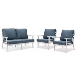 Walbrooke White 3-Piece Aluminum Outdoor Sectional Set with Removable Cushions Loveseat and Set of 2 Armchair, Navy Blue