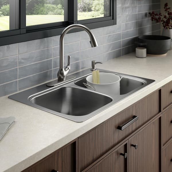 Verse 33 in. Drop-in Double Bowl 20 Gauge Stainless Steel Kitchen Sink with 4-Holes