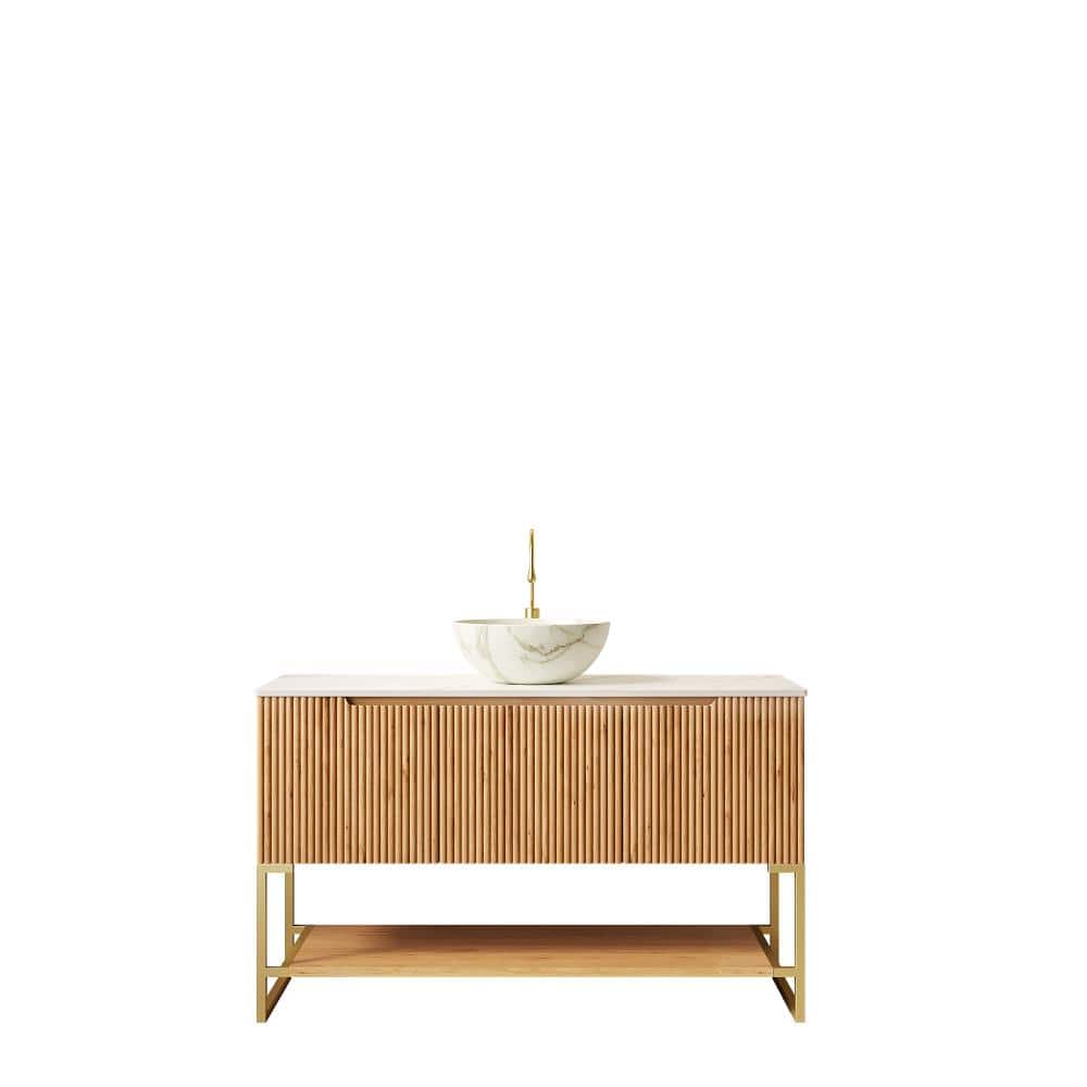 48 in. Freestanding Natural Wood Bath Vanity with Carrara White Sintered Stone Top and White Bowl Ceramic Vessel Basin price history on PriceWatchPro
