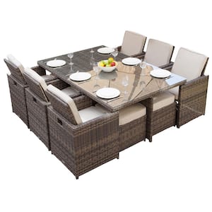 Malta Variegated Brown 11-Piece Wicker Outdoor Dining Set with Beige Cushions