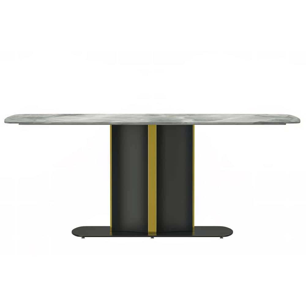 Sylva Light Grey Glass Top Dining Table with Gold Steel Pedestal Base