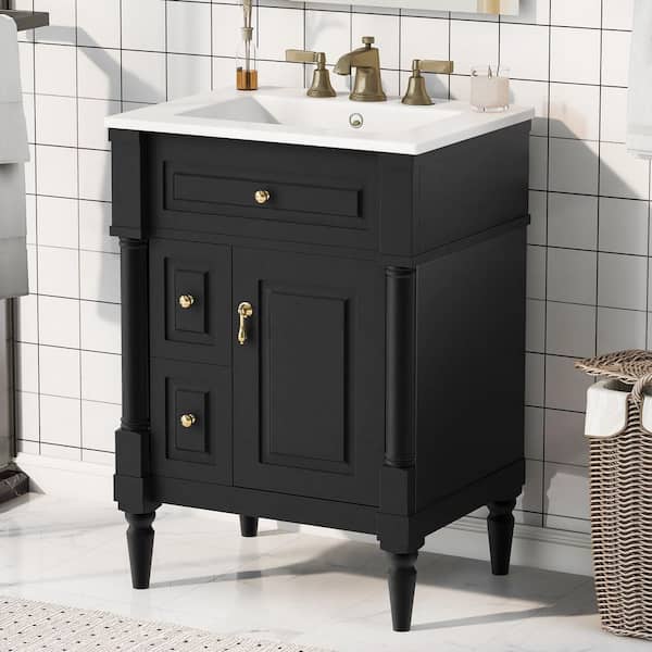 FAMYYT 24 in. Freestanding Black Solid Wood Frame Bath Vanity with White Ceramic Top, Adjustable Shelf and Metal Handles