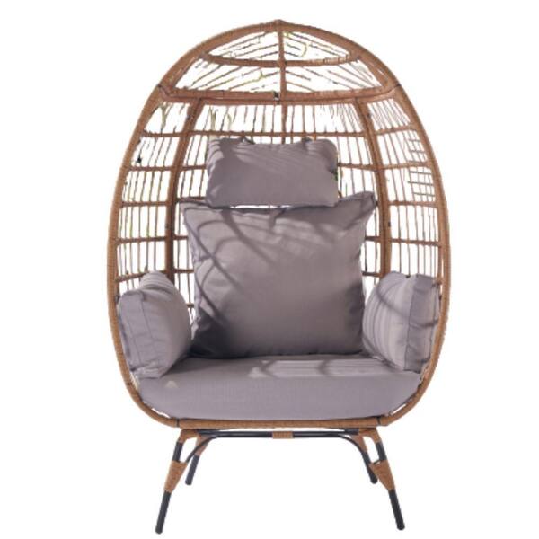 ITOPFOX Light Gray Rattan Outdoor Oversized Wrecker Egg Chair with Steel Frame and 5 Cushions