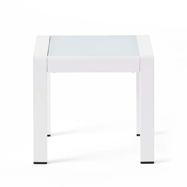 Noble House Cape Coral White Square Aluminum Outdoor Side Table with Glass Top