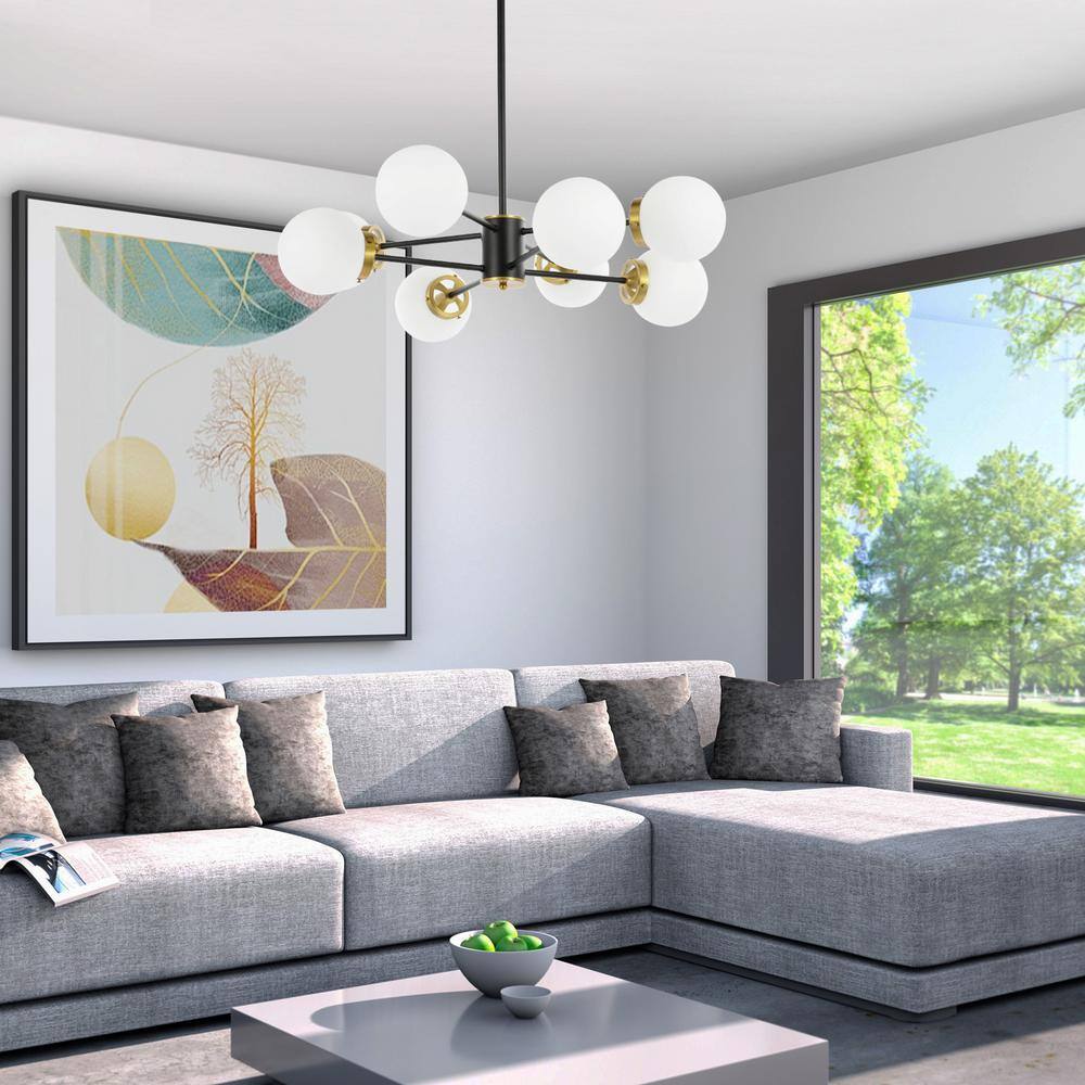 Black 8-Light Sputnik Chandelier with Opal Glass Shades