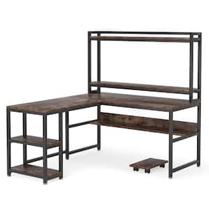 Havrvin 60 in. L-Shaped Rustic Brown Desk with Hutch and Storage Shelves, Corner Computer Office Desk Gaming Table