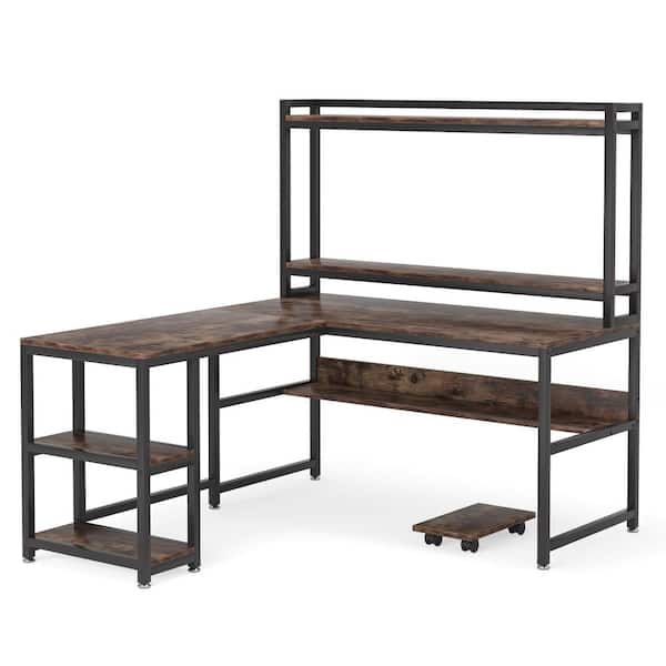 BYBLIGHT Havrvin 60 in. L-Shaped Rustic Brown Desk with Hutch and Storage Shelves, Corner Computer Office Desk Gaming Table