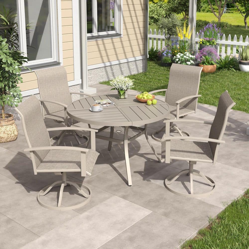 5-Piece Metal Outdoor Dining Set with 40.6 in. Sandshell Round Table and 4 Sandshell Textilene Swivel Patio Chairs price history on PriceWatchPro