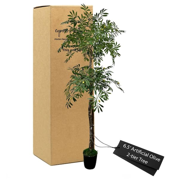 CYPRESS & ALABASTER Handmade 6 .5 ft. Artificial Olive 2-Tier Tree in Home Basics Plastic Pot Made with Real Wood and Moss Accents