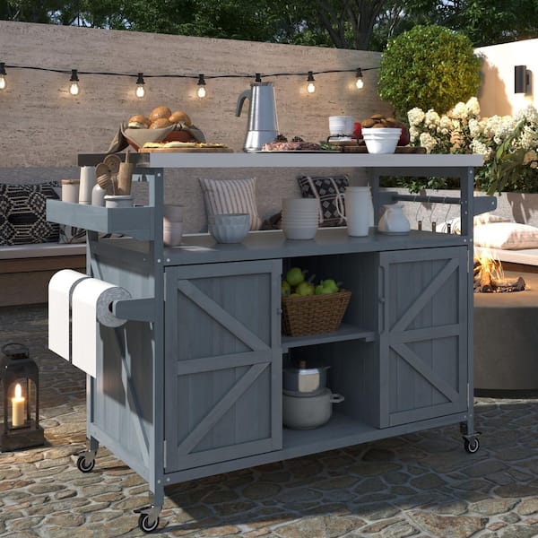 Unbranded Gray Blue Solid Wood Outdoor Rolling Bar Grill Cart with Stainless Steel Top and Spice Rack