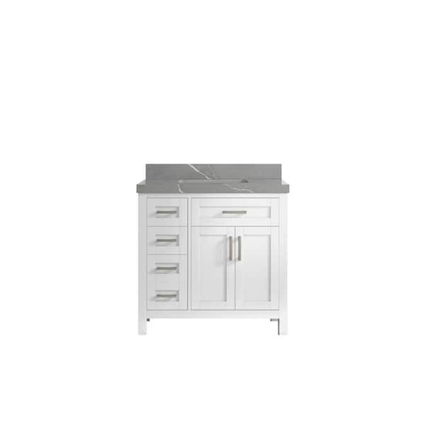 Willow Collections Cambridge 36 in. W x 22 in. D x 36 in. H Center Sink Bath Vanityin White with 2 in Piatra Gray Quartz Top