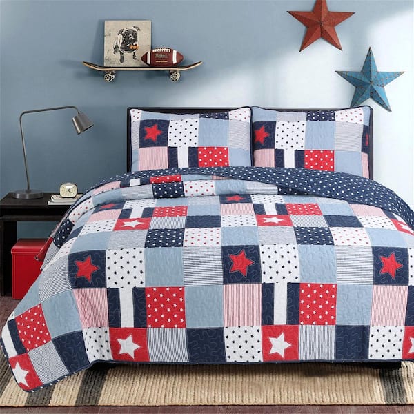 Cozy Line Home Fashions Stars and Stripes Patriotic 2-Piece Red White Blue Square Patchwork Poly Cotton Twin Quilt Bedding Set