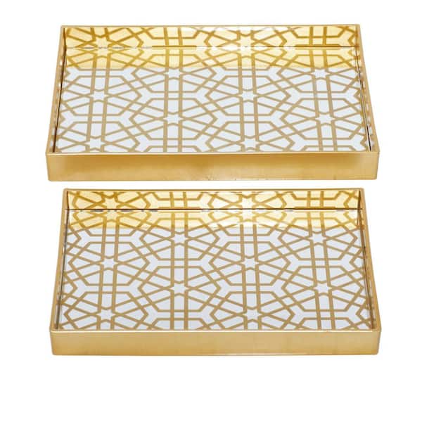 CosmoLiving by Cosmopolitan Gold Plastic Mirrored Geometric Decorative Tray (Set of 2)