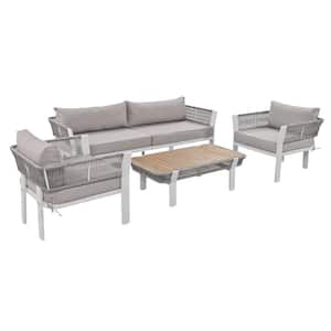 4-Piece Wood Patio Furniture Set, Outdoor Patio Conversation Set with Brown Cushion