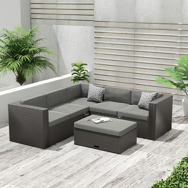 WESTIN OUTDOOR Kaison 6-Piece Modern Sectional Wicker Patio Conversation Set and Storage Ottoman with Gray Cushions